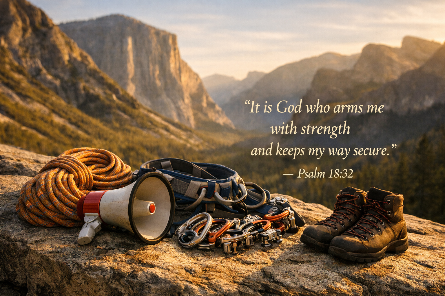 Bible verse wallpaper Psalm 18:32 with mountaineering gear laid out on rock including rope carabiners harness boots in morning light